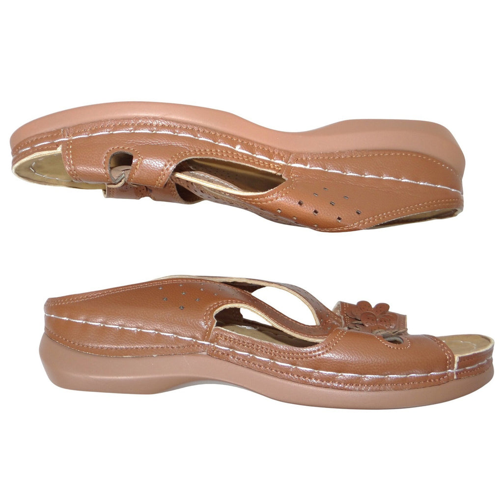 Womens Tan Floral Wedge Sandals Perforated Slip On Comfort Slides Brown EU 41