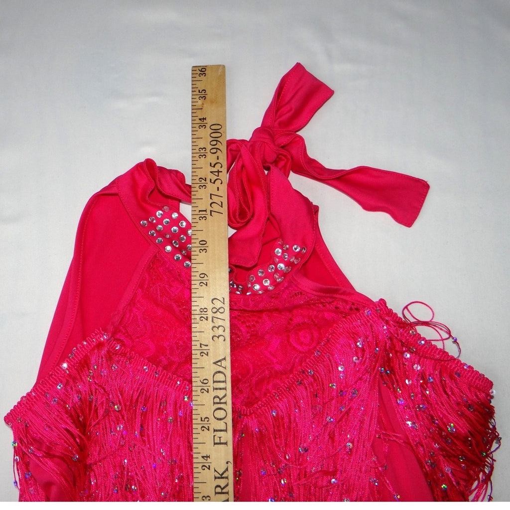 Hot Pink Sequins Fringe Halter Dance Dress Costume with Arm Fringe Bands
