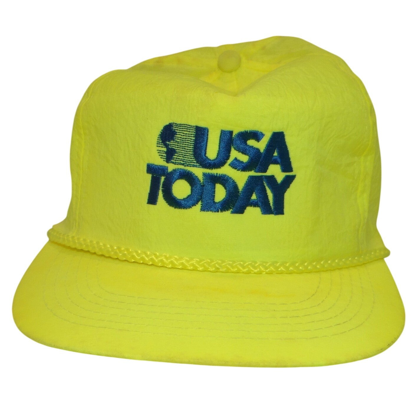 Vintage USA Today Hat Neon Yellow Nylon Rope Snapback Cap 90s Media Promo