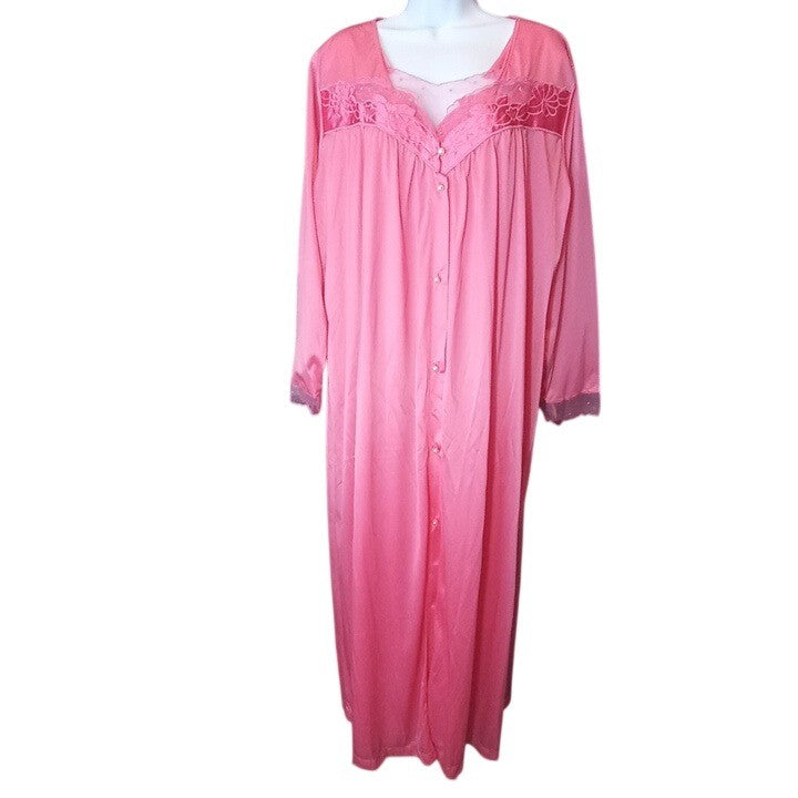 Vintage Princess Lingerie Pink Satin Nightgown Pearl Buttons Sheer Trim Size L