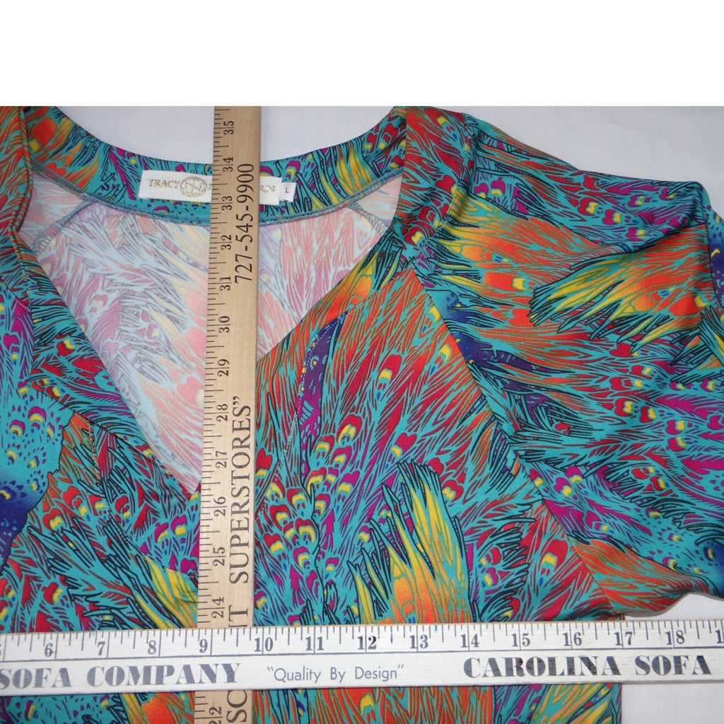 Tracy Negoshian Peacock Feather Print V Neck 3/4 Sleeve Mini Dress Size L