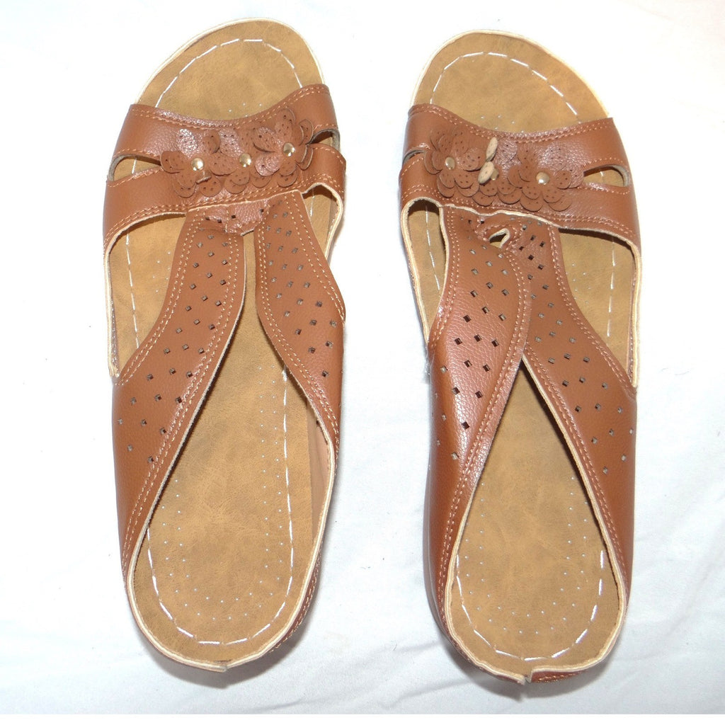 Womens Tan Floral Wedge Sandals Perforated Slip On Comfort Slides Brown EU 41