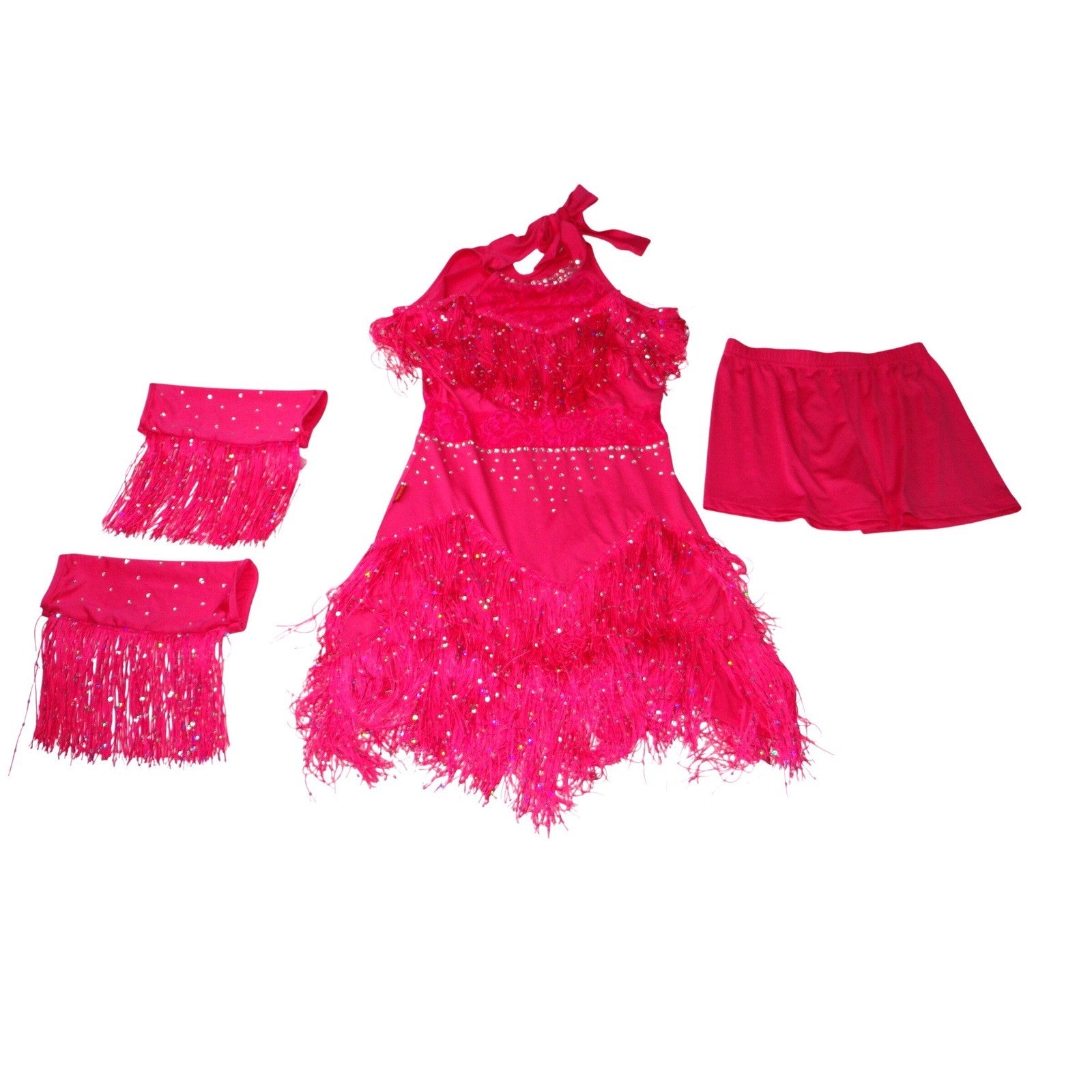 Hot Pink Sequins Fringe Halter Dance Dress Costume with Arm Fringe Bands