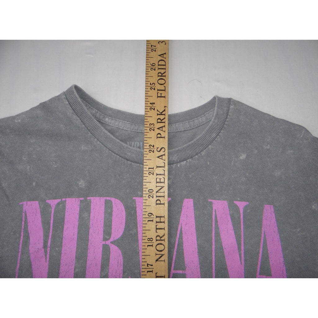 Nirvana Smiley Face T-Shirt Gray Acid Wash Graphic Tee Size S