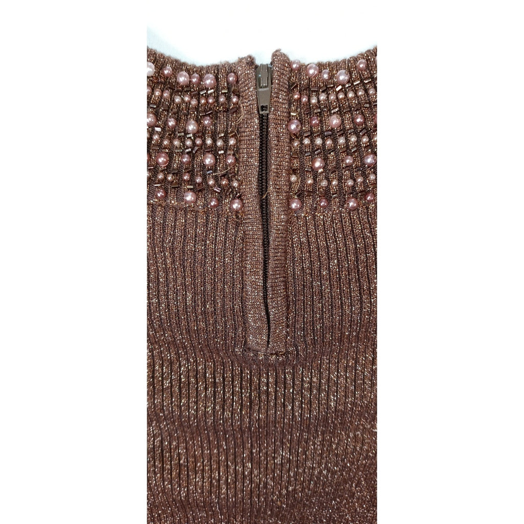 23rd Street Brown Metallic Beaded Mock Neck Long Sleeve Sweater Top Women's Med