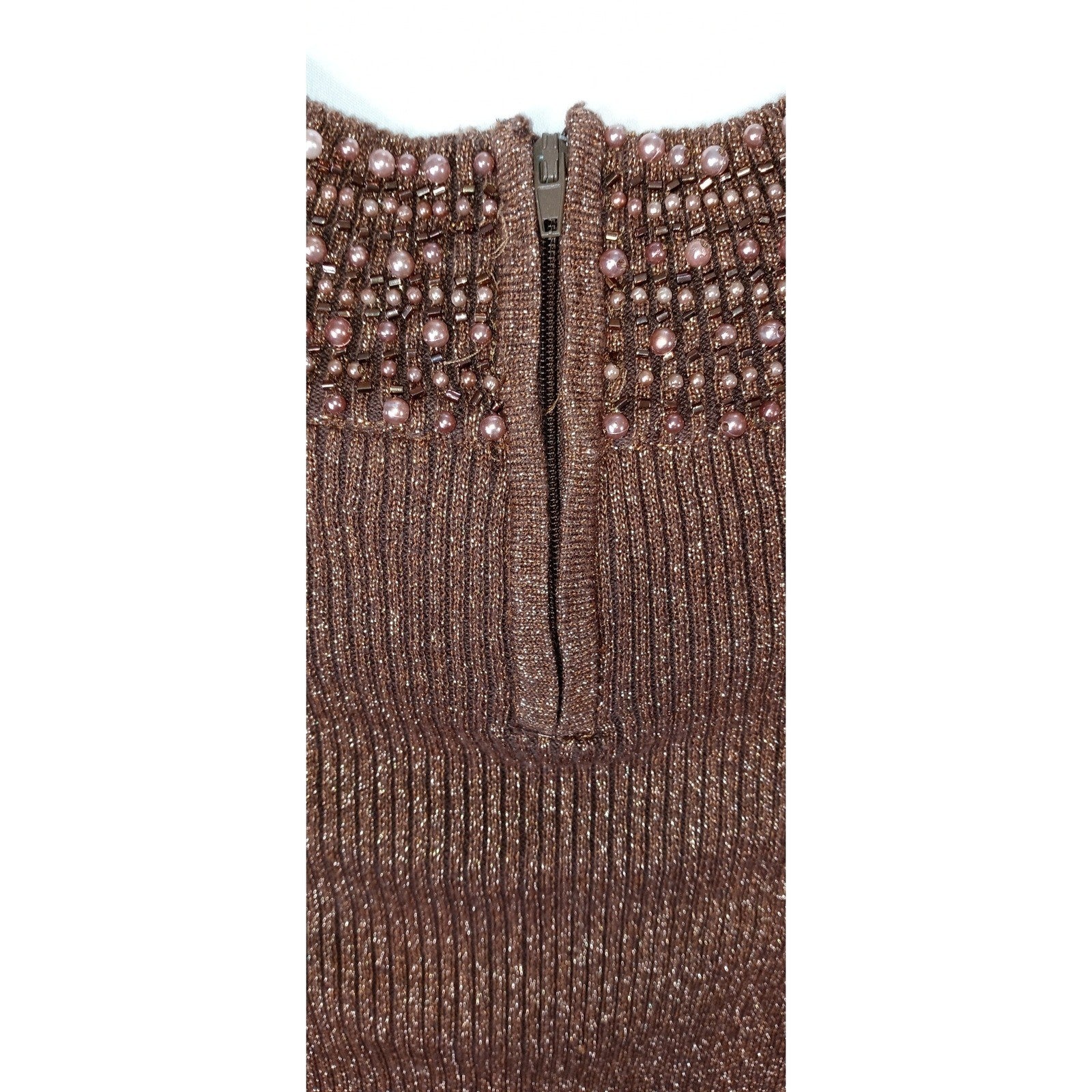 23rd Street Brown Metallic Beaded Mock Neck Long Sleeve Sweater Top Women's Med