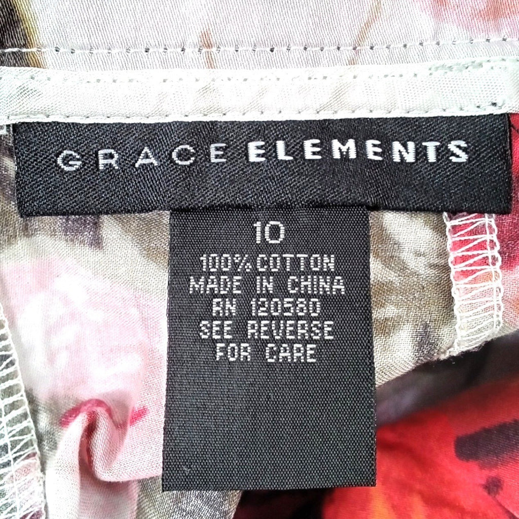 Grace Elements Red Floral Cotton A-Line Belted Skirt Womens Size 10 Pleated Knee