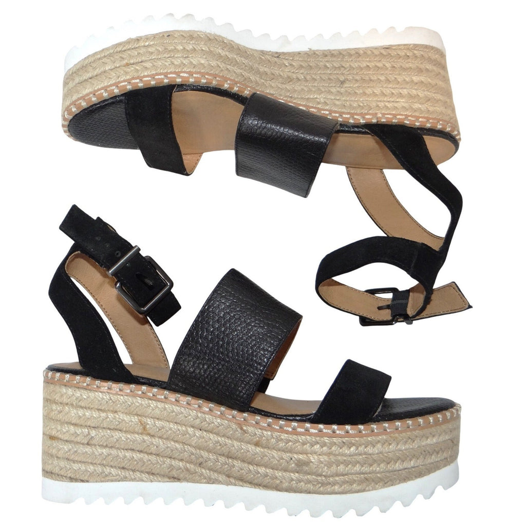 Crown Vintage Daylen Black Leather Espadrille Platform Wedge Sandals Womens 7.5