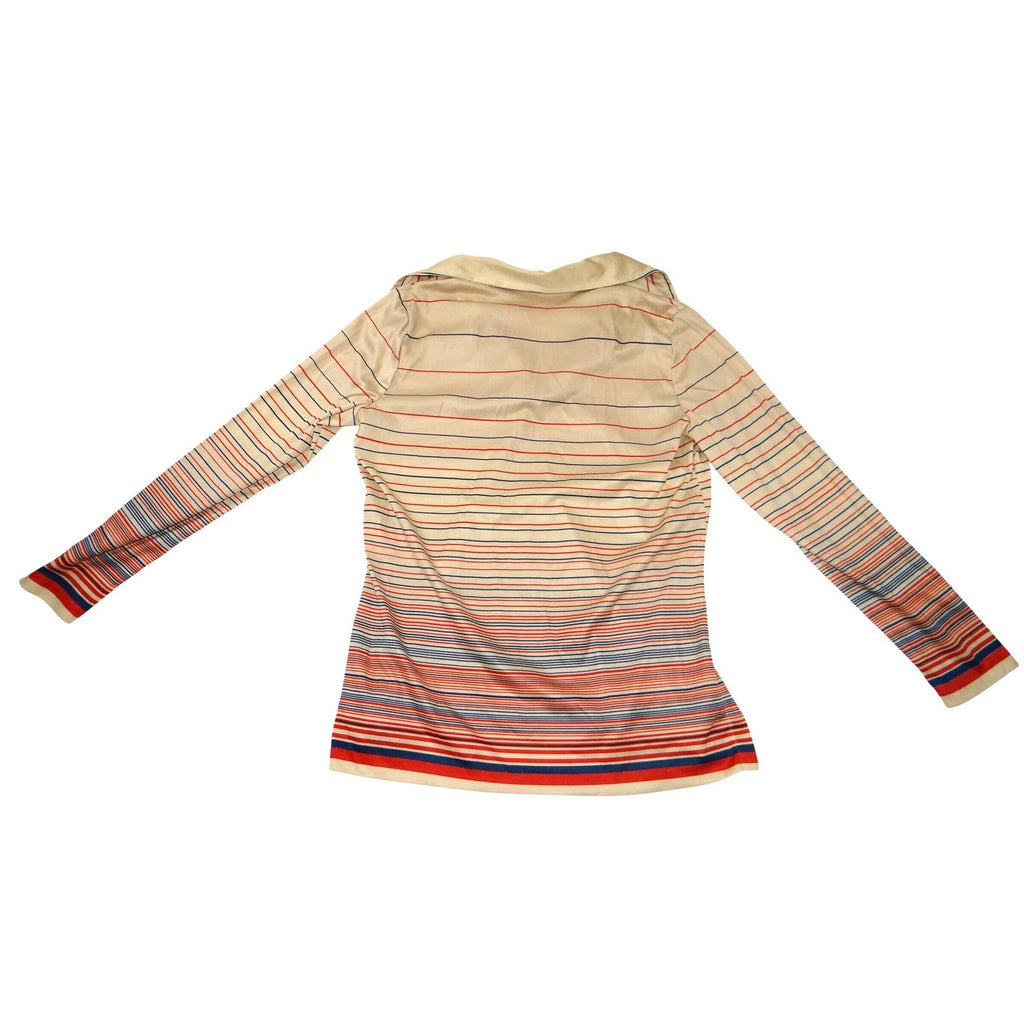 Vintage 70s Striped Long Sleeve Polo Shirt V-Neck Cream Red Navy Mens Medium