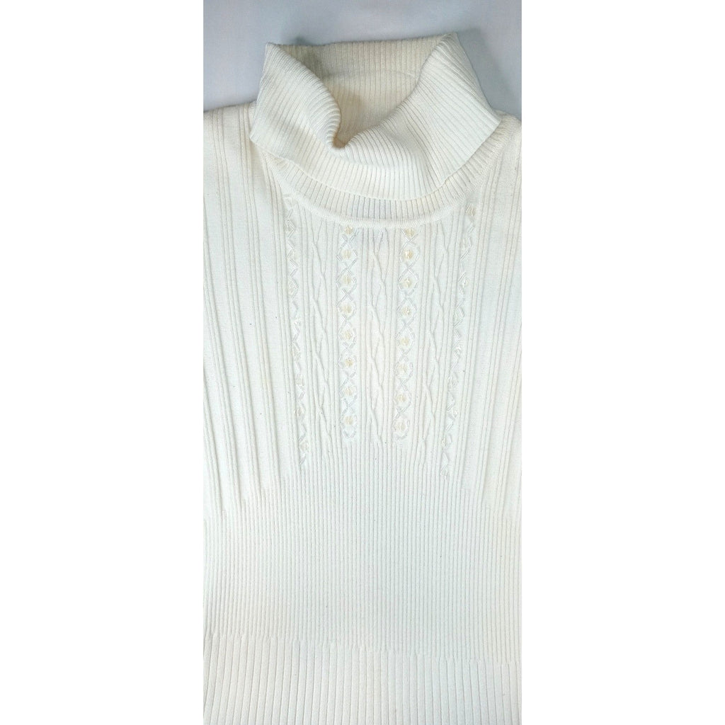 Vintage RQT Cream Ribbed Sleeveless Turtleneck Sweater Top Size L Beaded Accents