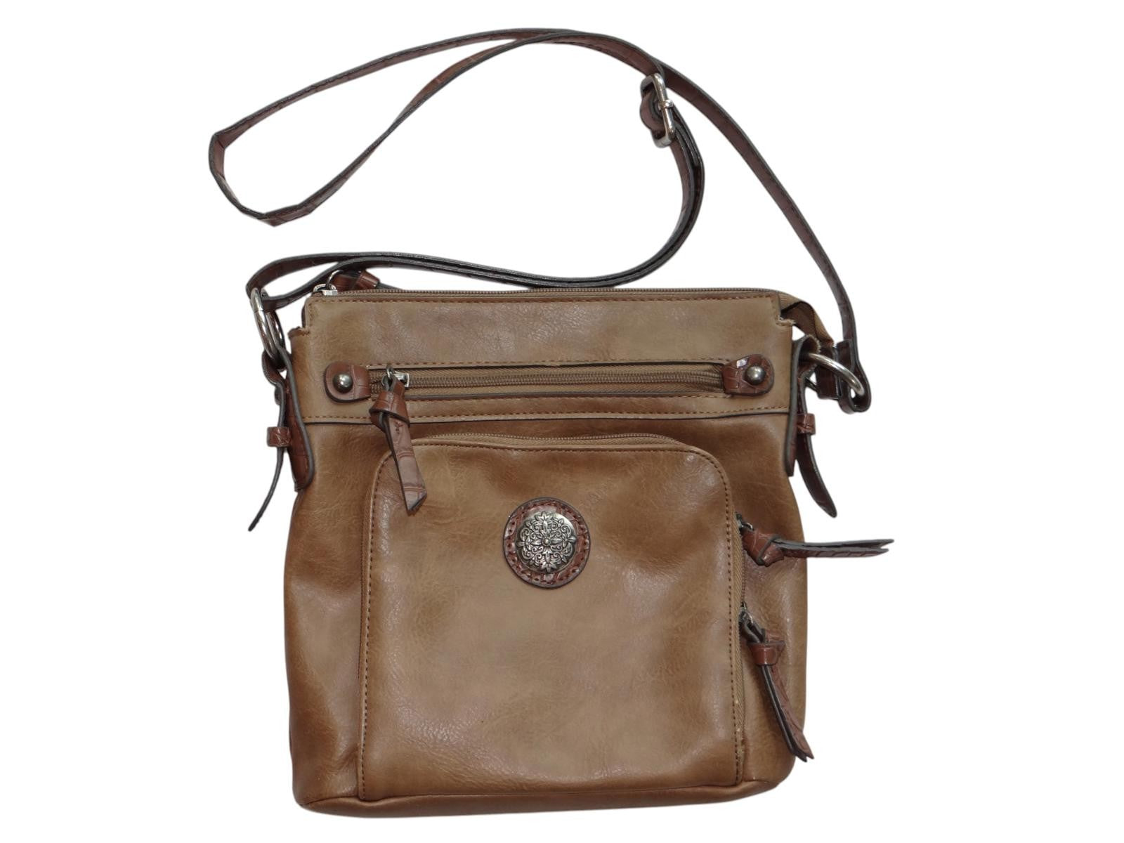 Brown Leather Women's Crossbody Bag with Multiple Zippered Compartments