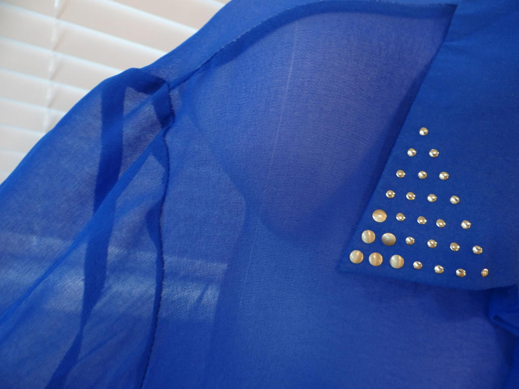 Stylish Sheer Blue Button-Up Shirt with Studded Pockets