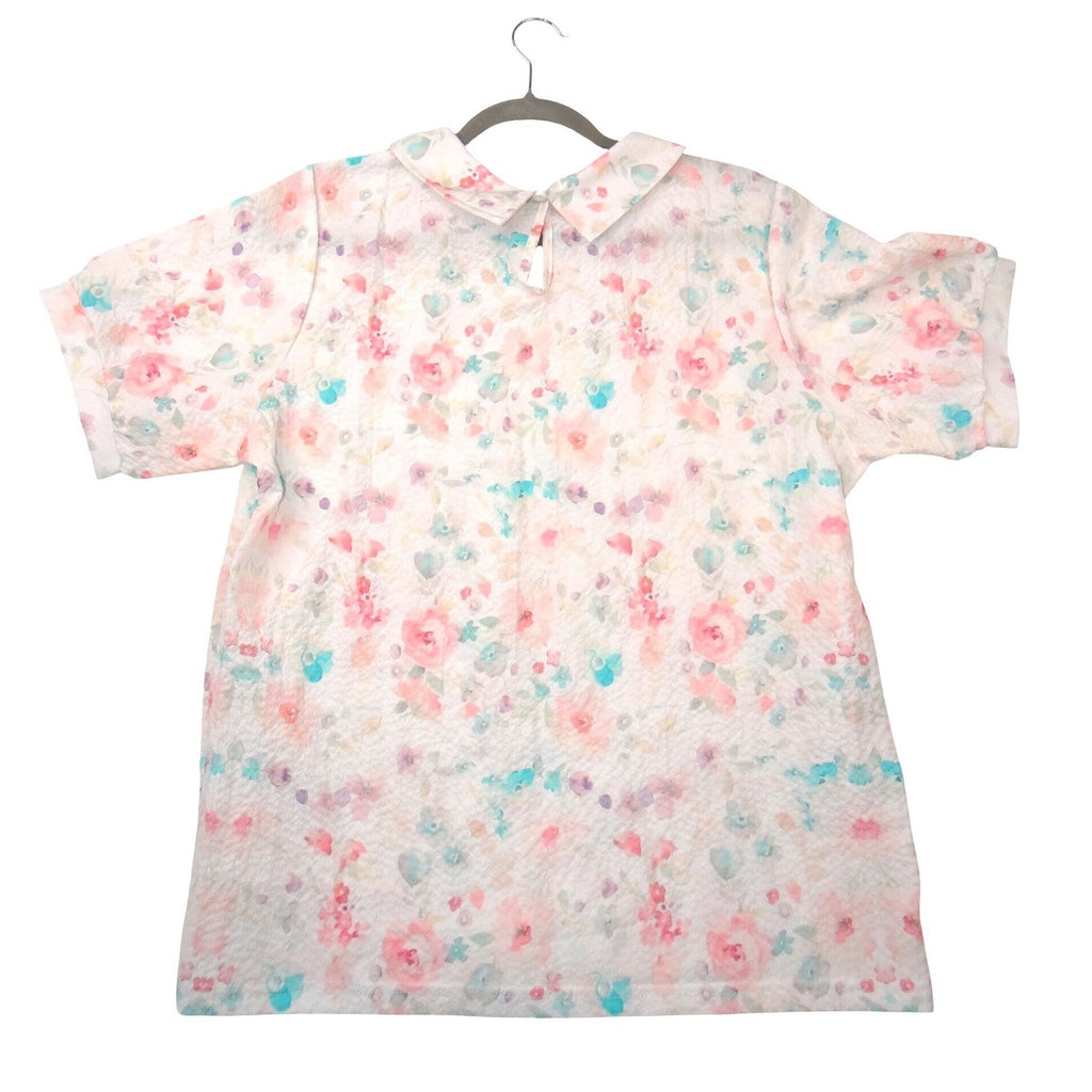 VTG Floral Peter Pan Collar Blouse Short Sleeve Pastel Watercolor Textured Top L