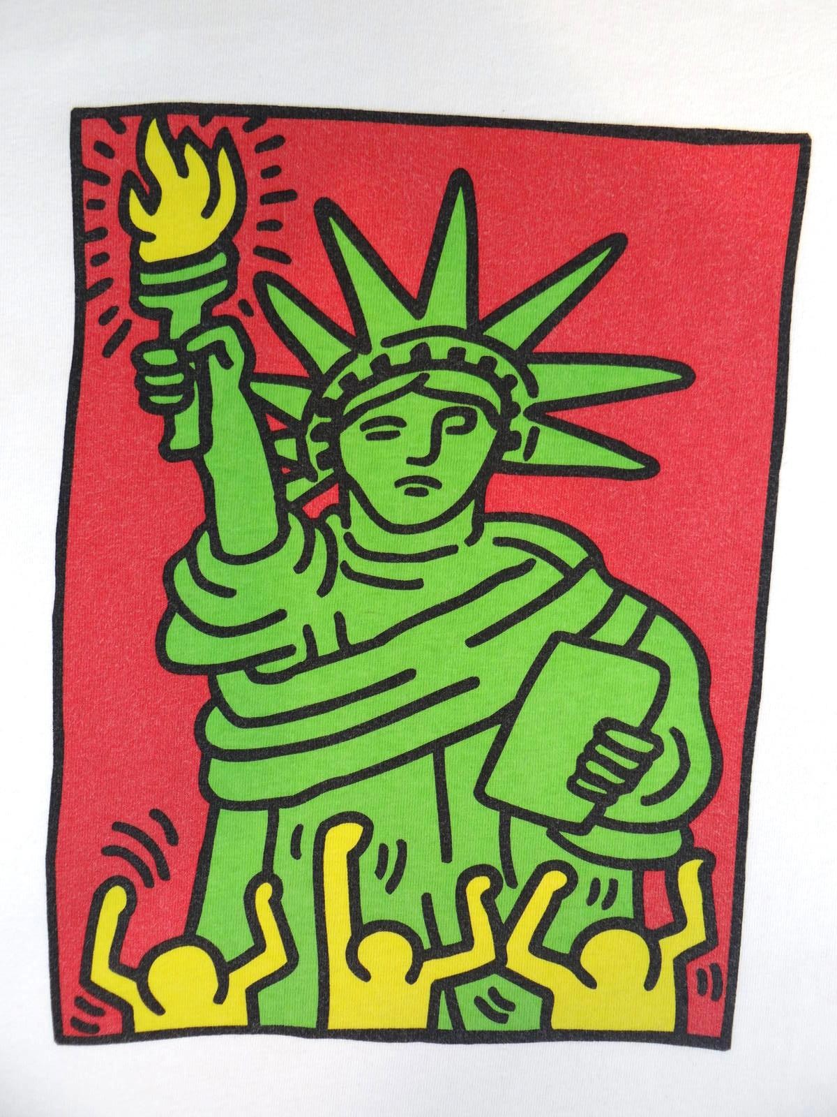 Vintage Keith Haring White Graphic T-Shirt with Statue of Liberty Print - Large