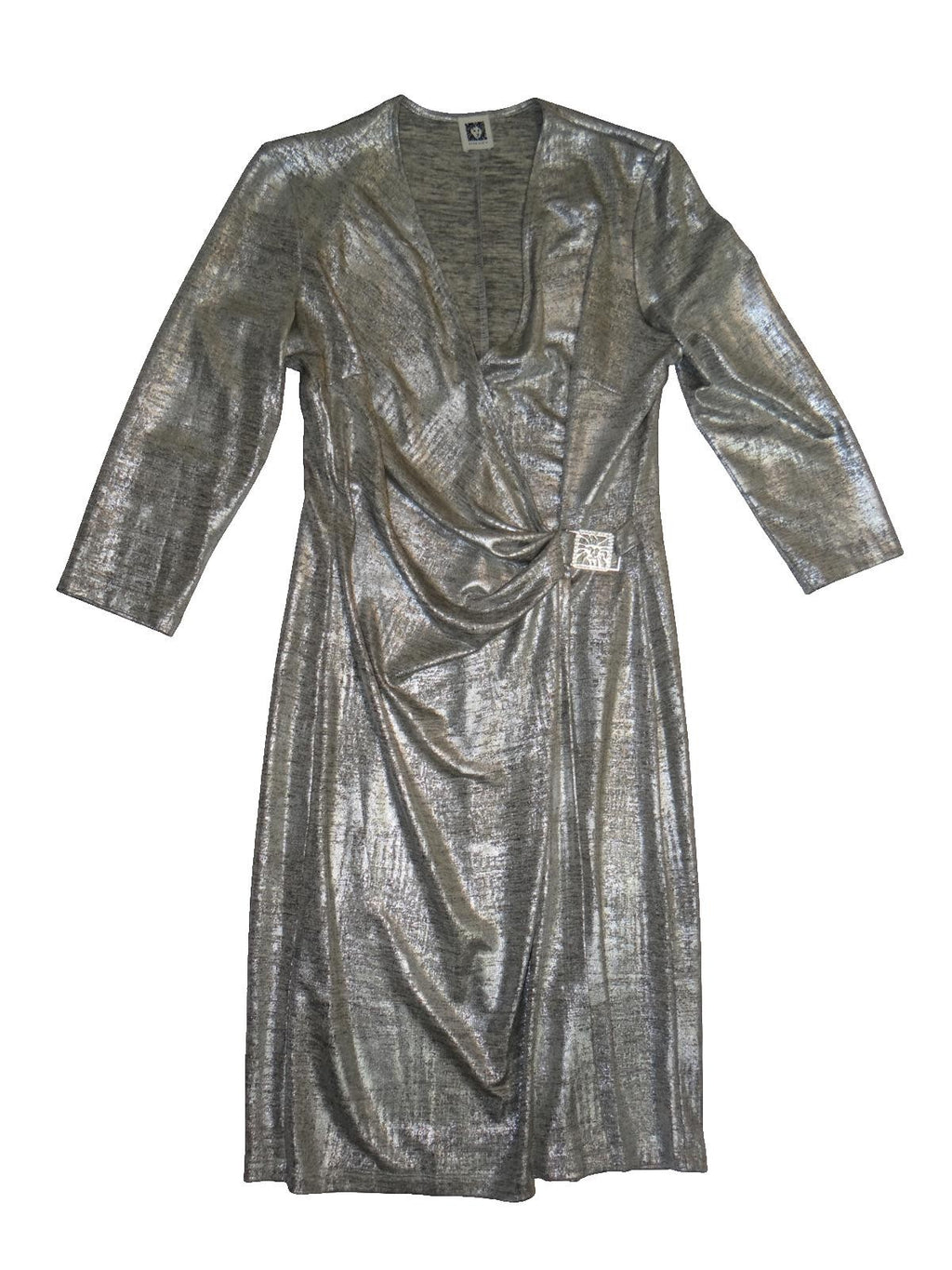 Anne Klein NWOT Silver Metallic Long Sleeve Wrap Dress with Decorative Buckle