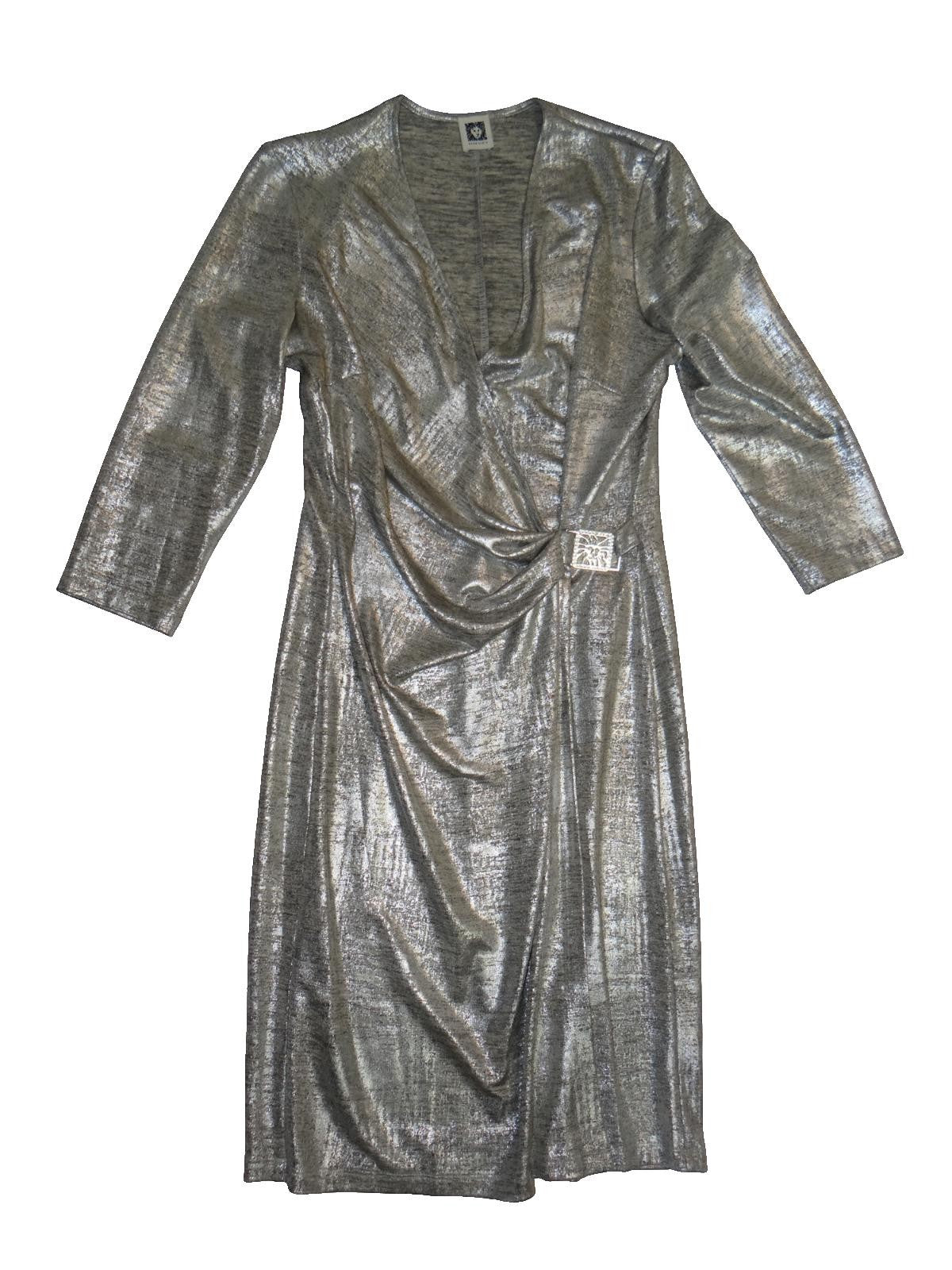 Anne Klein NWOT Silver Metallic Long Sleeve Wrap Dress with Decorative Buckle