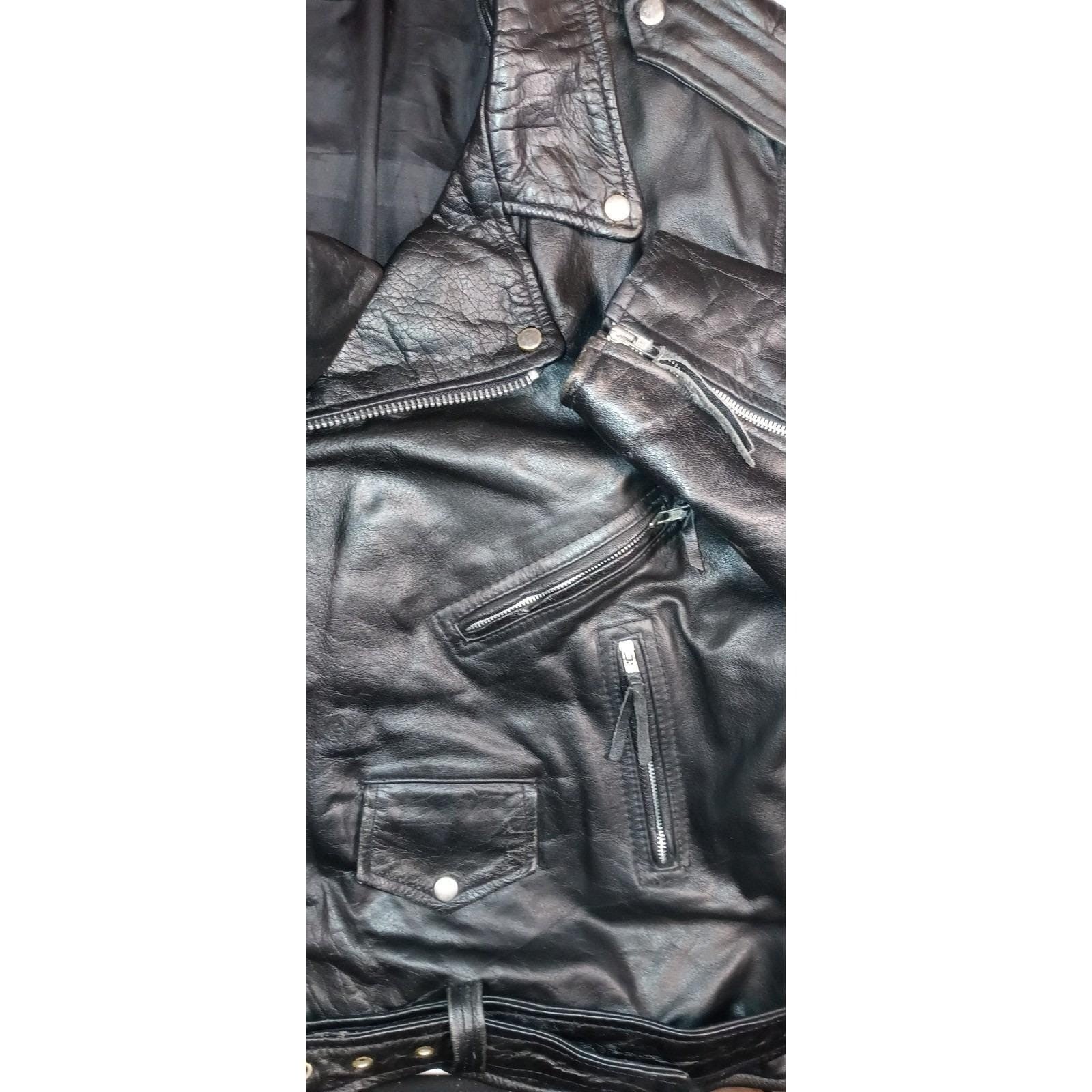 Vintage Men's Black Genuine Leather Motorcycle Jacket Belted MADE IN USA