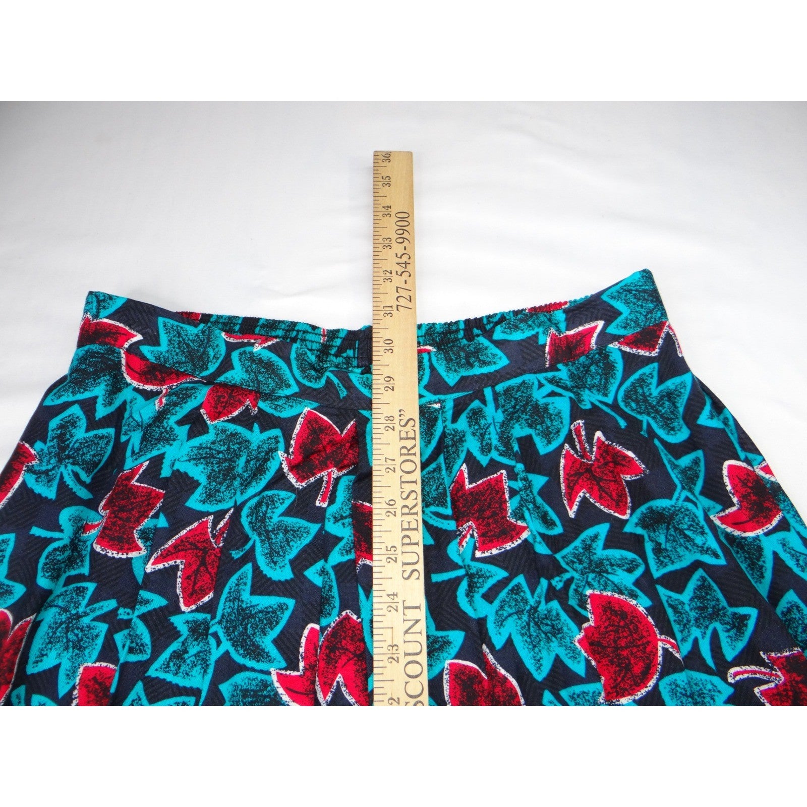 Vintage Greenwich Square Teal Red Leaf Print Midi Skirt Size 13-14 Elastic Waist