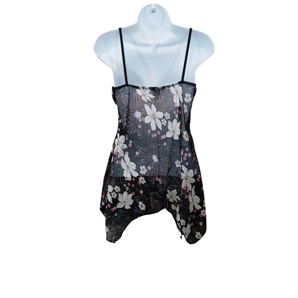 Y2k Black Floral Print Tank Flowy Handkerchief Hem Tank Top Women's Size Small