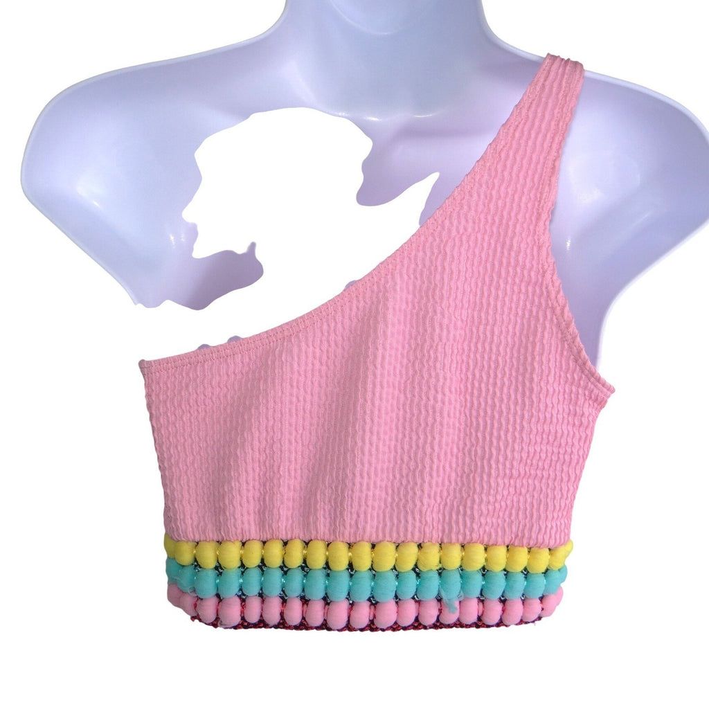 Pink Smocked One Shoulder Pom Pom Bikini Set Medium Seersucker 2 Piece Swimsuit
