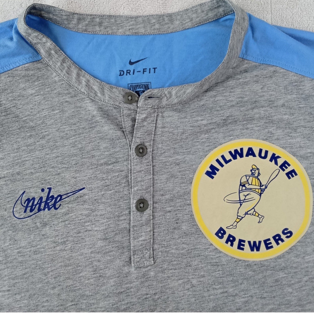Nike Milwaukee Brewers Cooperstown Collection Henley Shirt Mens XL Grey Blue