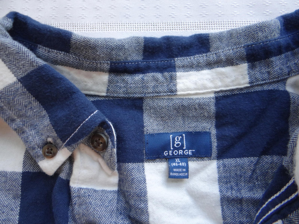 George Men's Sleeveless Distressed Cut Off Blue and White Check Casual Shirt XL