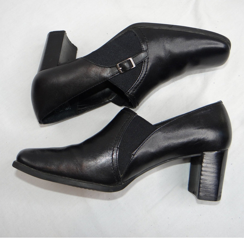 Liz Baker Black Leather Ankle Booties Block Heel Buckle Slip On Women 7.5 M B