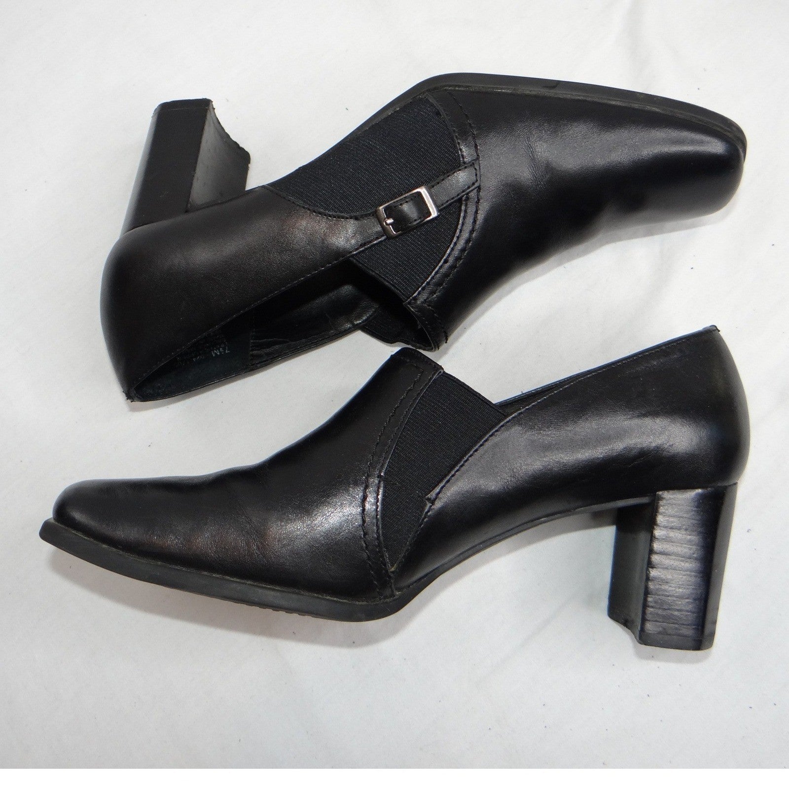 Liz Baker Black Leather Ankle Booties Block Heel Buckle Slip On Women 7.5 M B