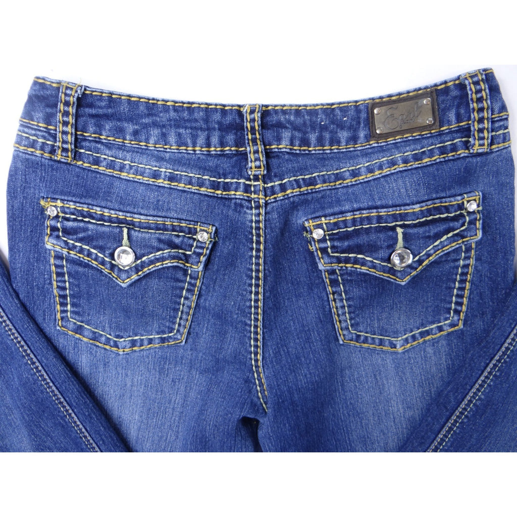 Earl Jean Blue Denim Bootcut Jeans Embellished Pockets Size 28