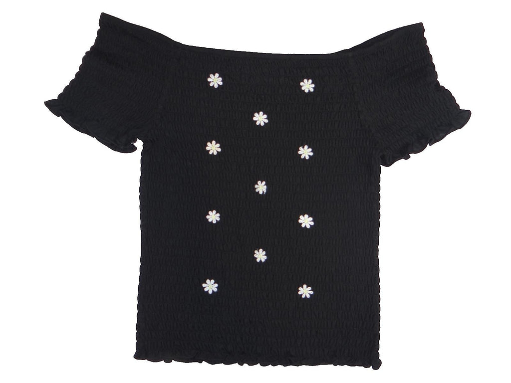 Y2K Crave Fame Black Off-Shoulder Smocked Top with White Floral Embroidery XL