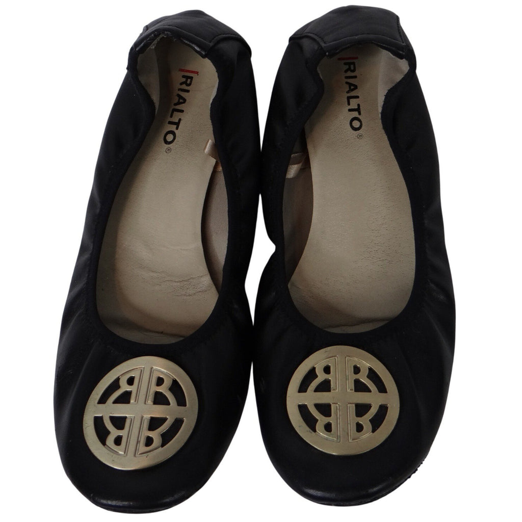 Rialto Black Leather Ballet Flats with Gold Logo Accent Women's Size 6.5