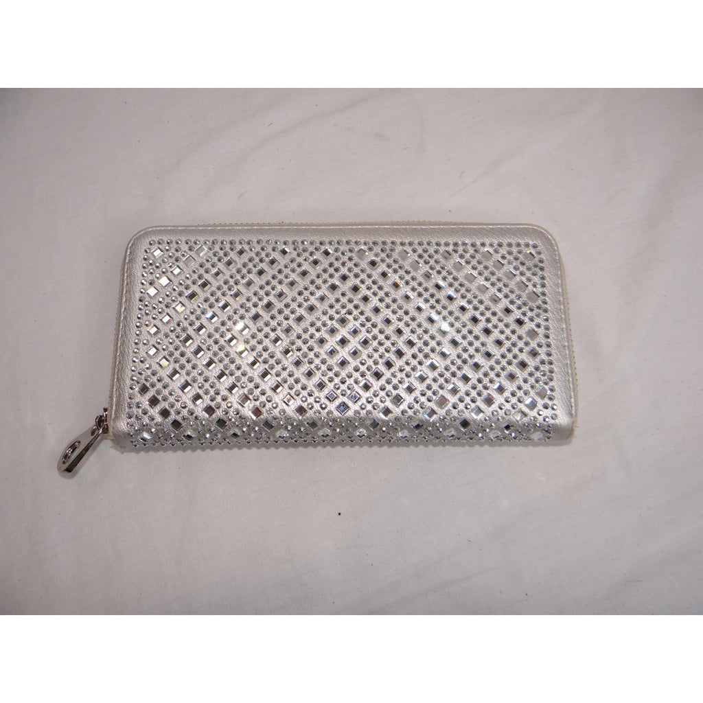 Sparkling Silver Rhinestone Zip Around Wallet Clutch for Women