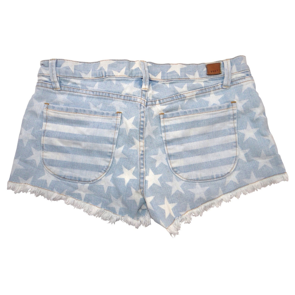 Roxy Denim Americana Stars and Stripes Cut Off Shorts Light Wash Blue Size 7/28