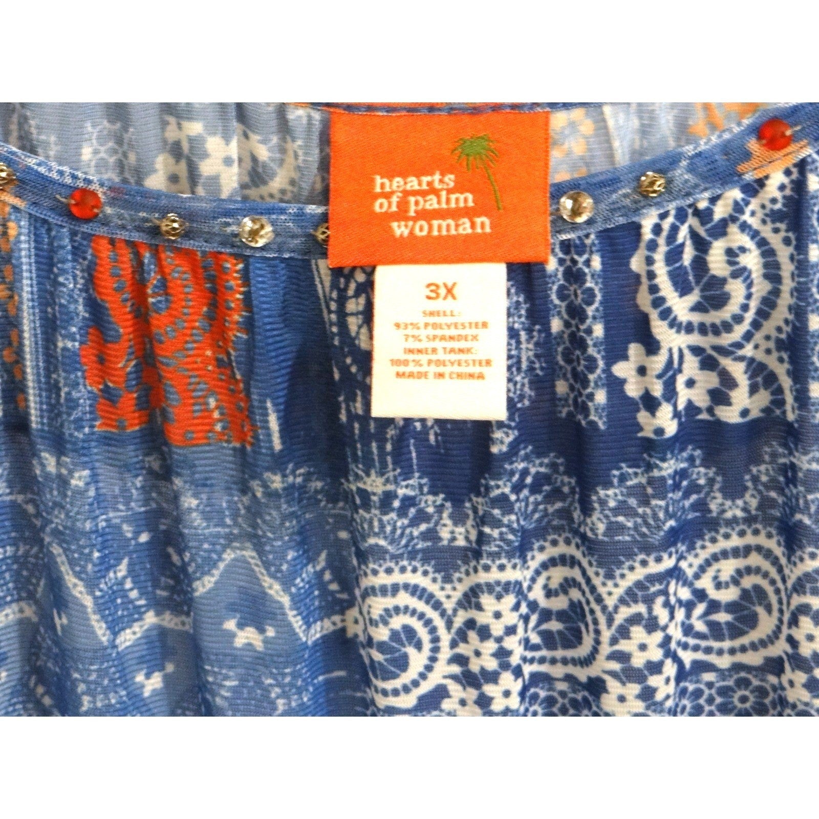 Hearts of Palm Woman Plus Size 3X Patchwork Print Beaded Neckline Tunic Top