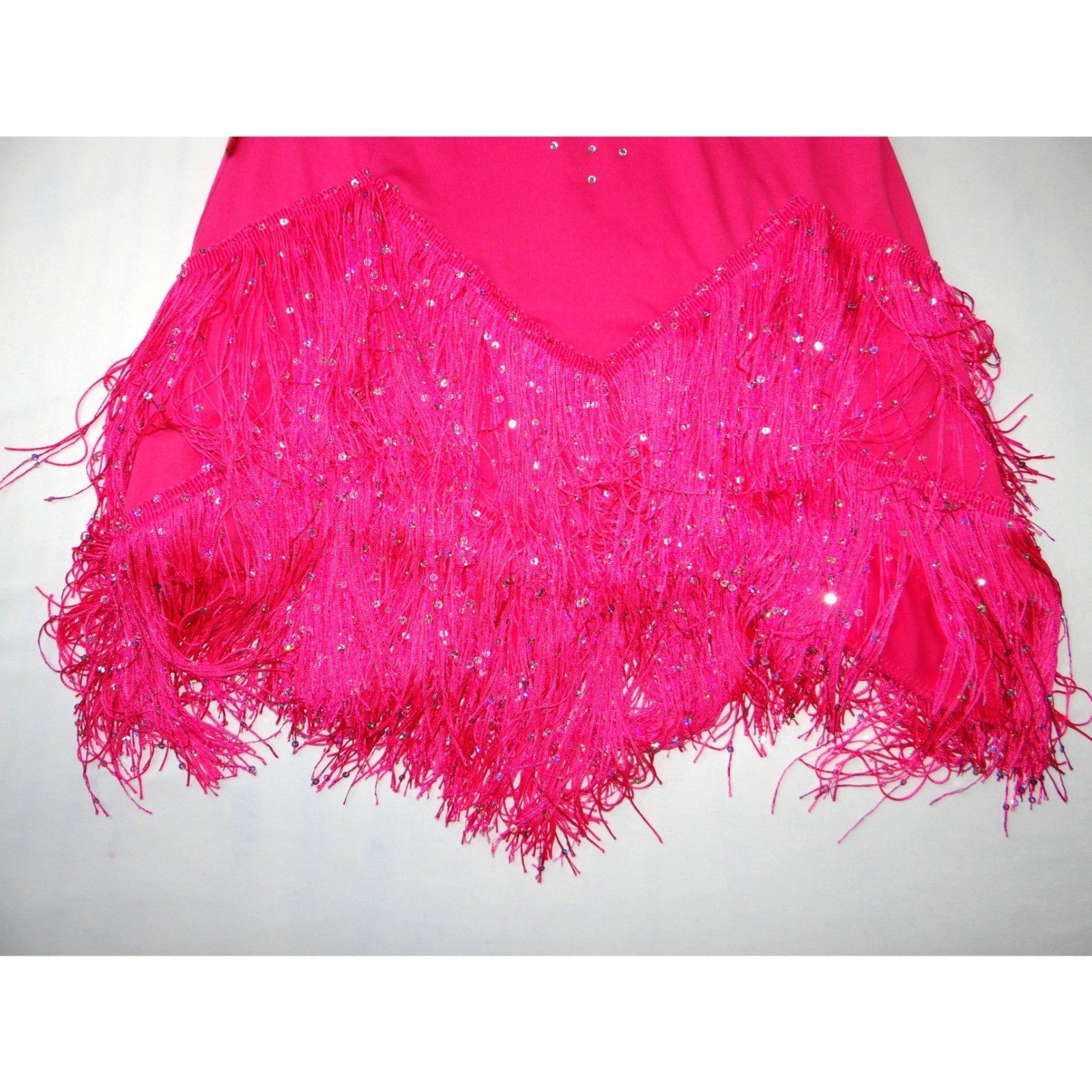 Hot Pink Sequins Fringe Halter Dance Dress Costume with Arm Fringe Bands