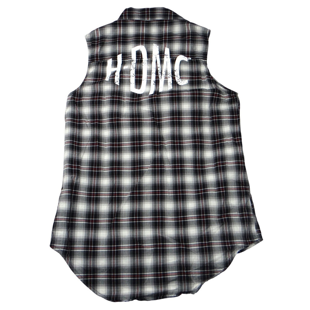 Harley Davidson Womens Sleeveless Plaid Shirt HDMC Button Up Black White Red