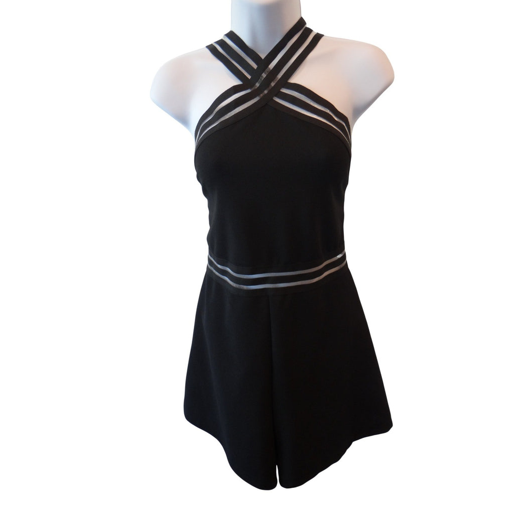 Black Halter Neck Romper Mesh Trim Cutout Detail