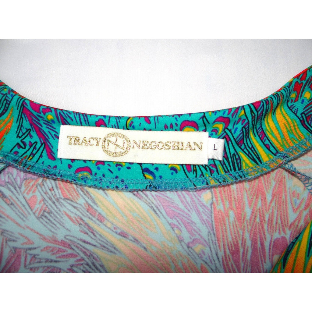 Tracy Negoshian Peacock Feather Print V Neck 3/4 Sleeve Mini Dress Size L