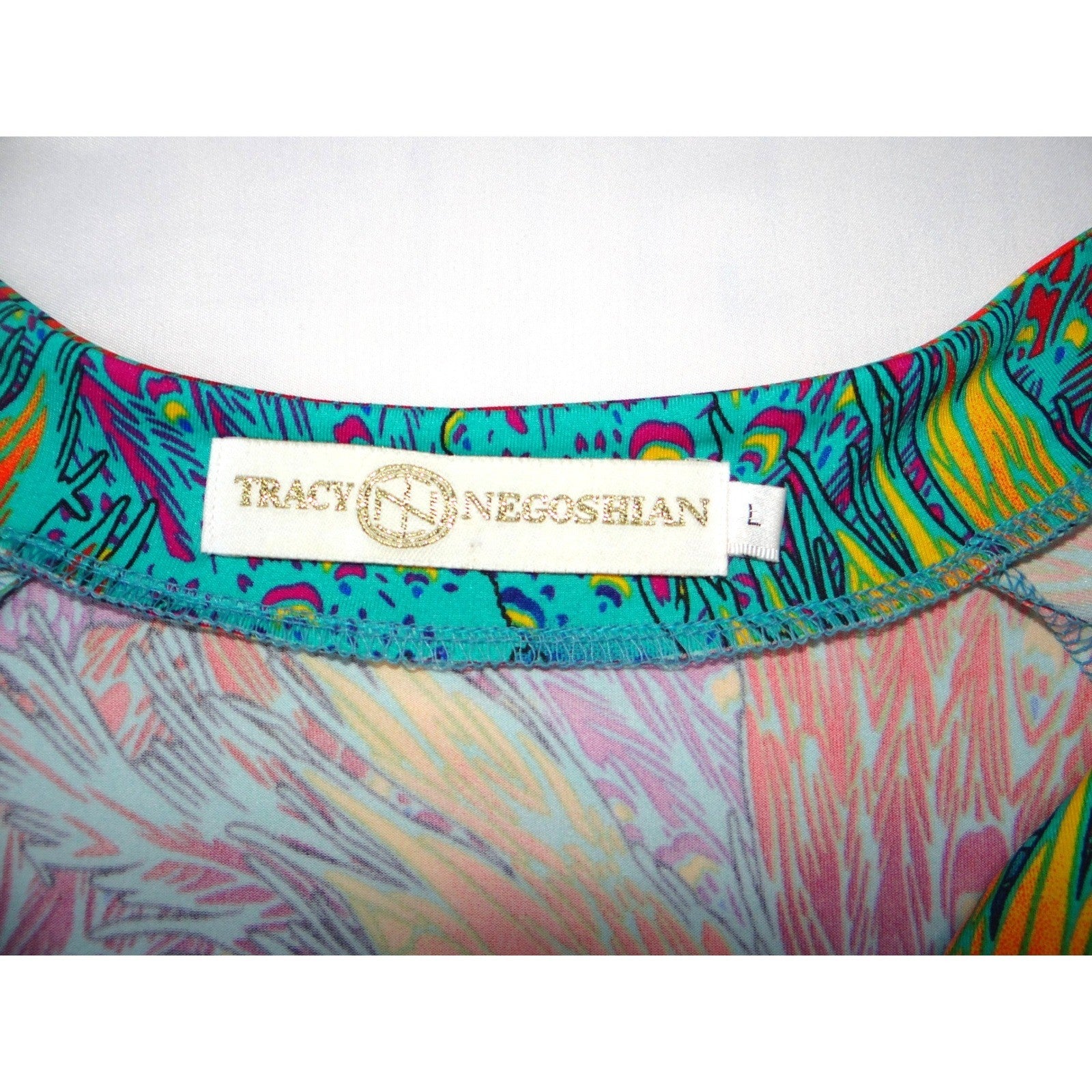 Tracy Negoshian Peacock Feather Print V Neck 3/4 Sleeve Mini Dress Size L