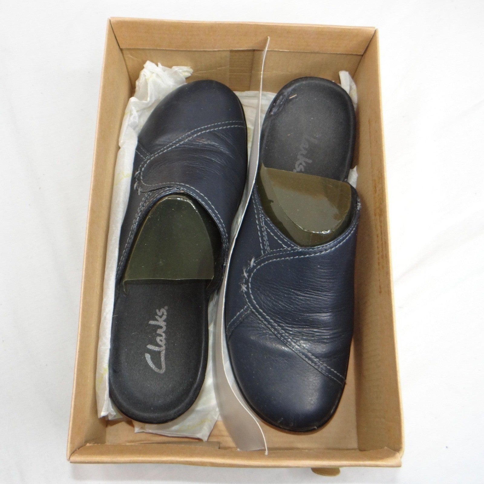 Clarks Womens Navy Leather Slip On Clogs Mules Shoes Size 7 M Style 846 16