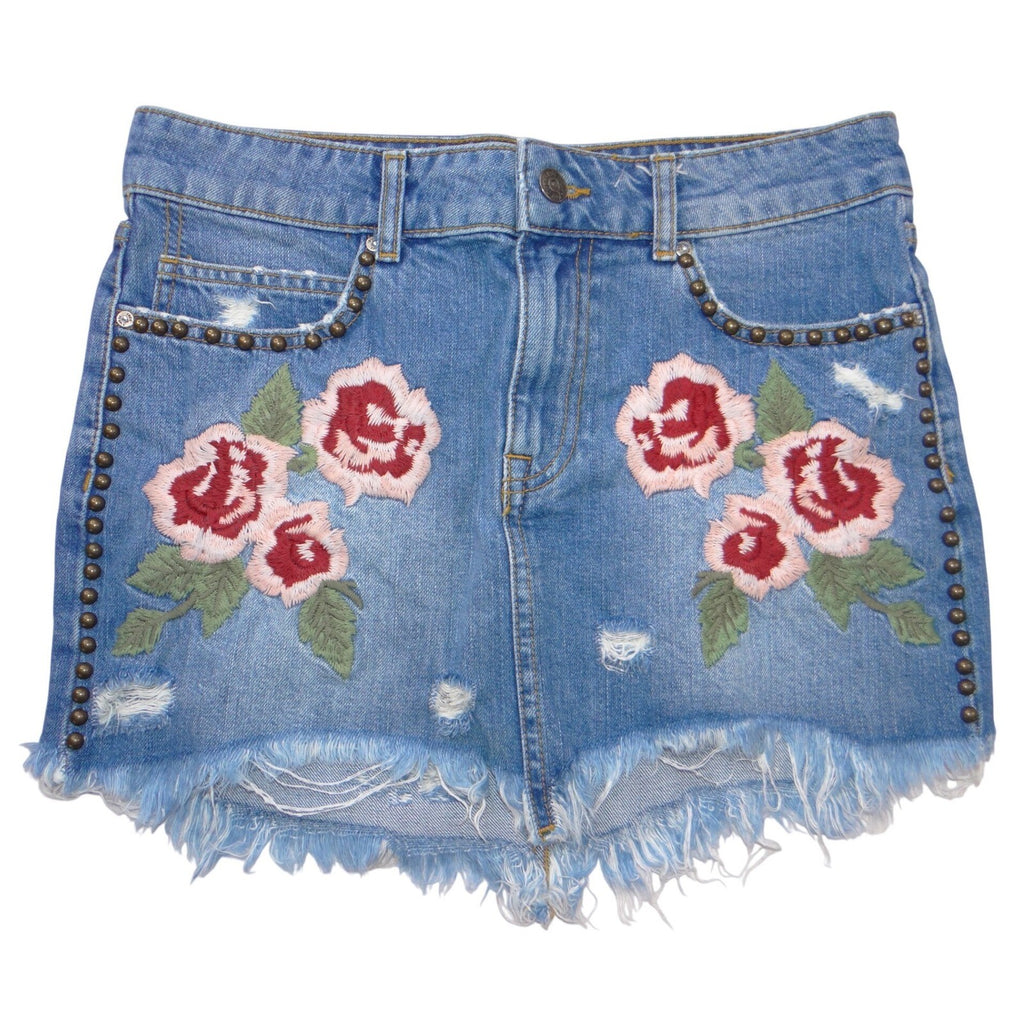 Free People Embroidered Rose Studded Distressed Denim Mini Skirt Blue Size 26