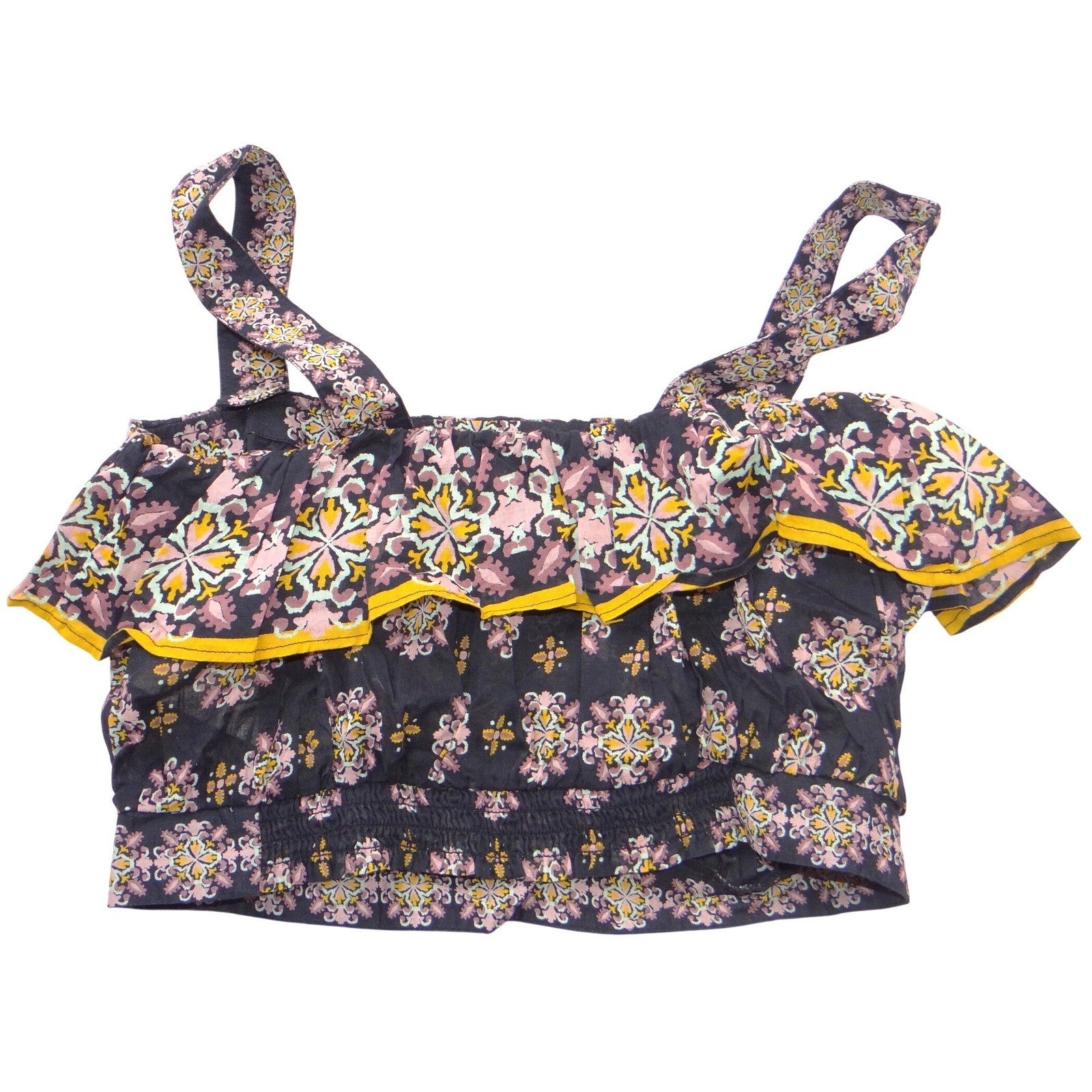 Free People Medallion Print Ruffle Crop Top Navy Pink Yellow Smocked Small