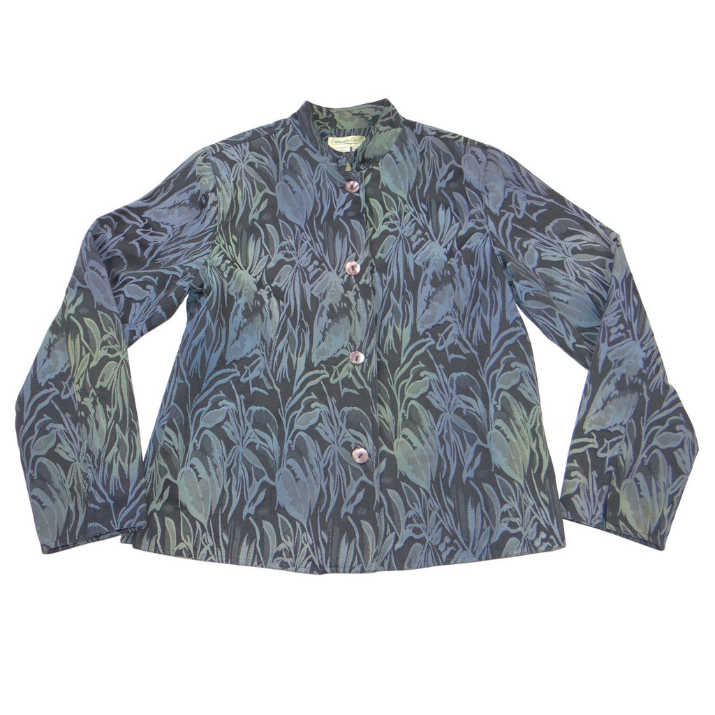 VTG Coldwater Creek Womens Blue Botanical Jacquard Mandarin Collar Jacket Size M