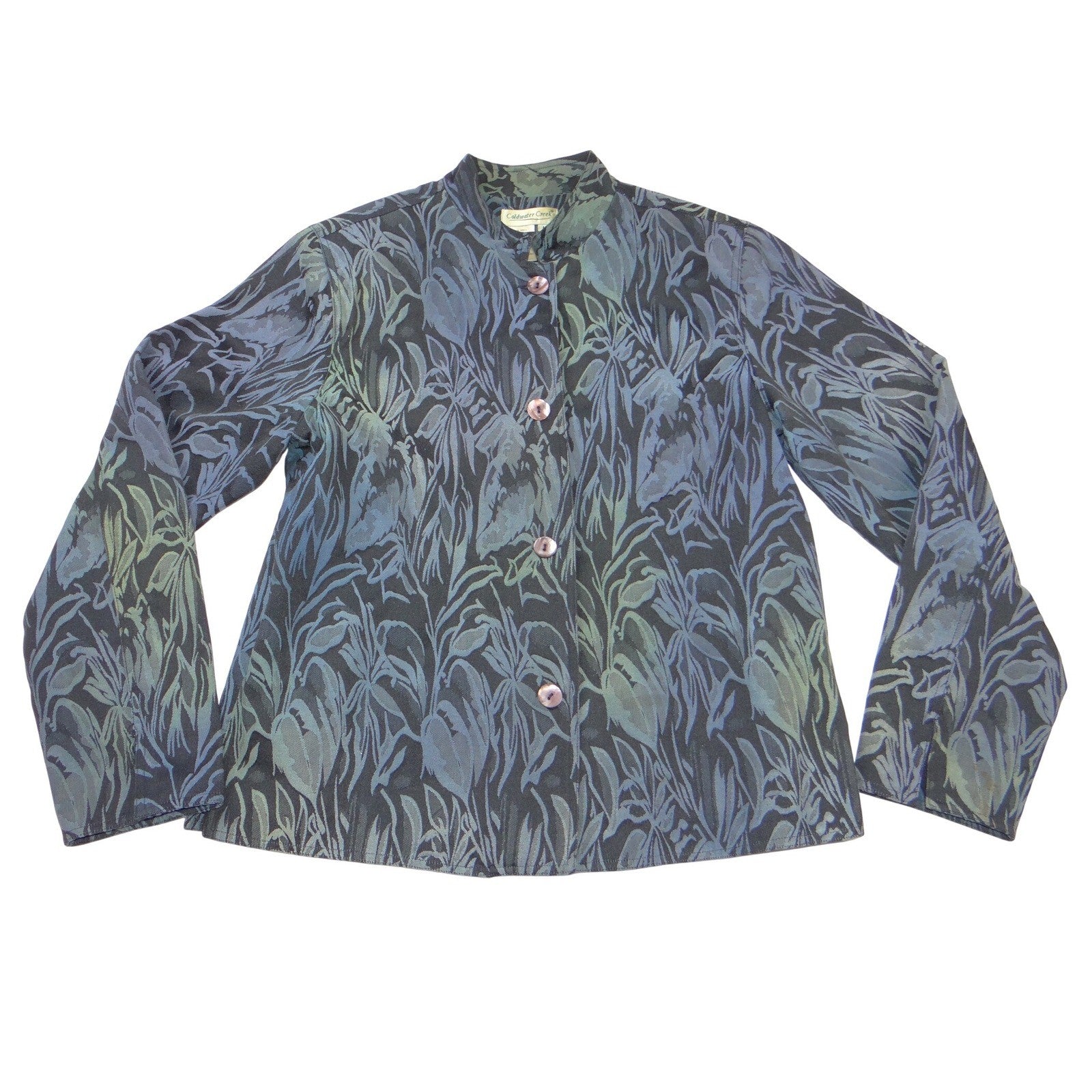 VTG Coldwater Creek Womens Blue Botanical Jacquard Mandarin Collar Jacket Size M