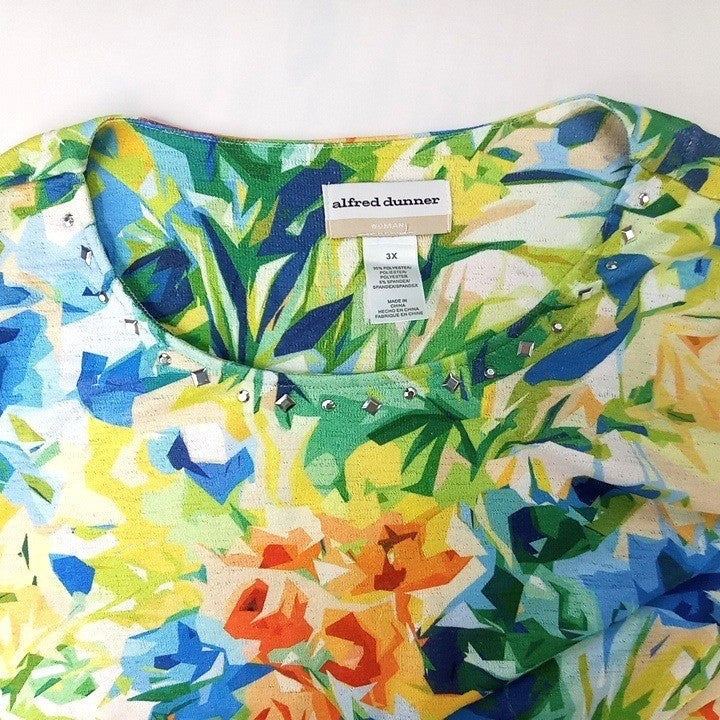 Alfred Dunner Woman 3X Floral Print Rhinestone Neckline 3/4 Sleeve Top