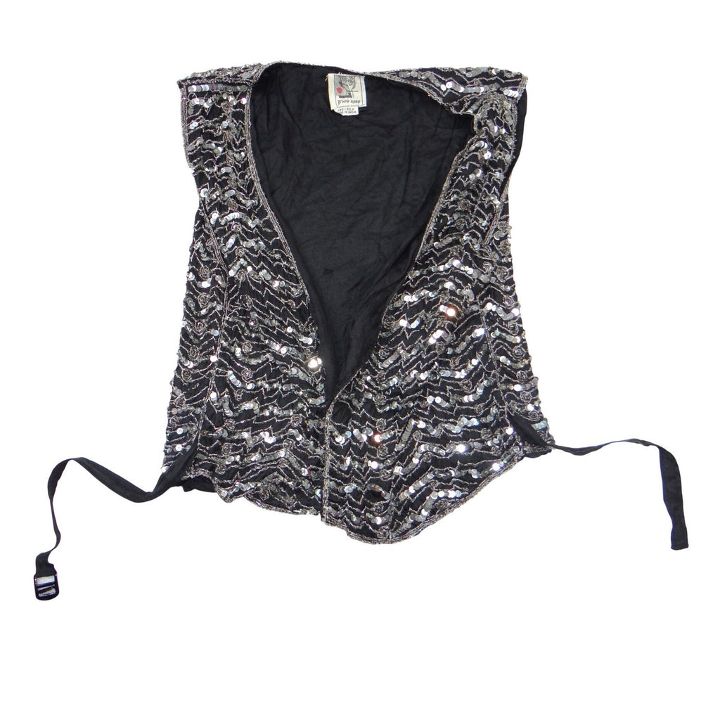 Vintage B'way Rose Vintage 100% Silk Beaded Sequin Vest Black Silver Chevron-ish