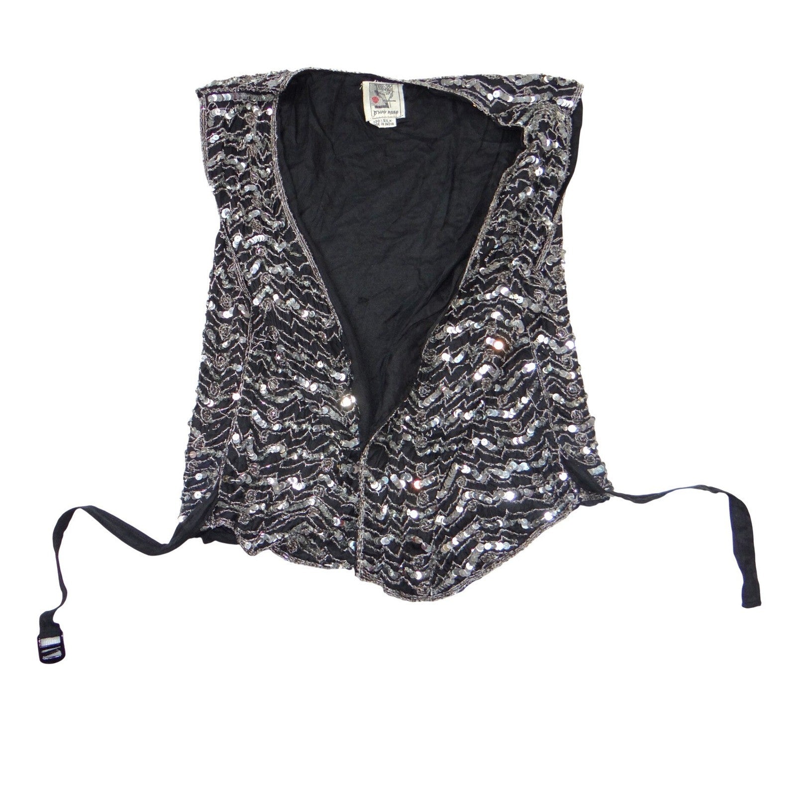 Vintage B'way Rose Vintage 100% Silk Beaded Sequin Vest Black Silver Chevron-ish