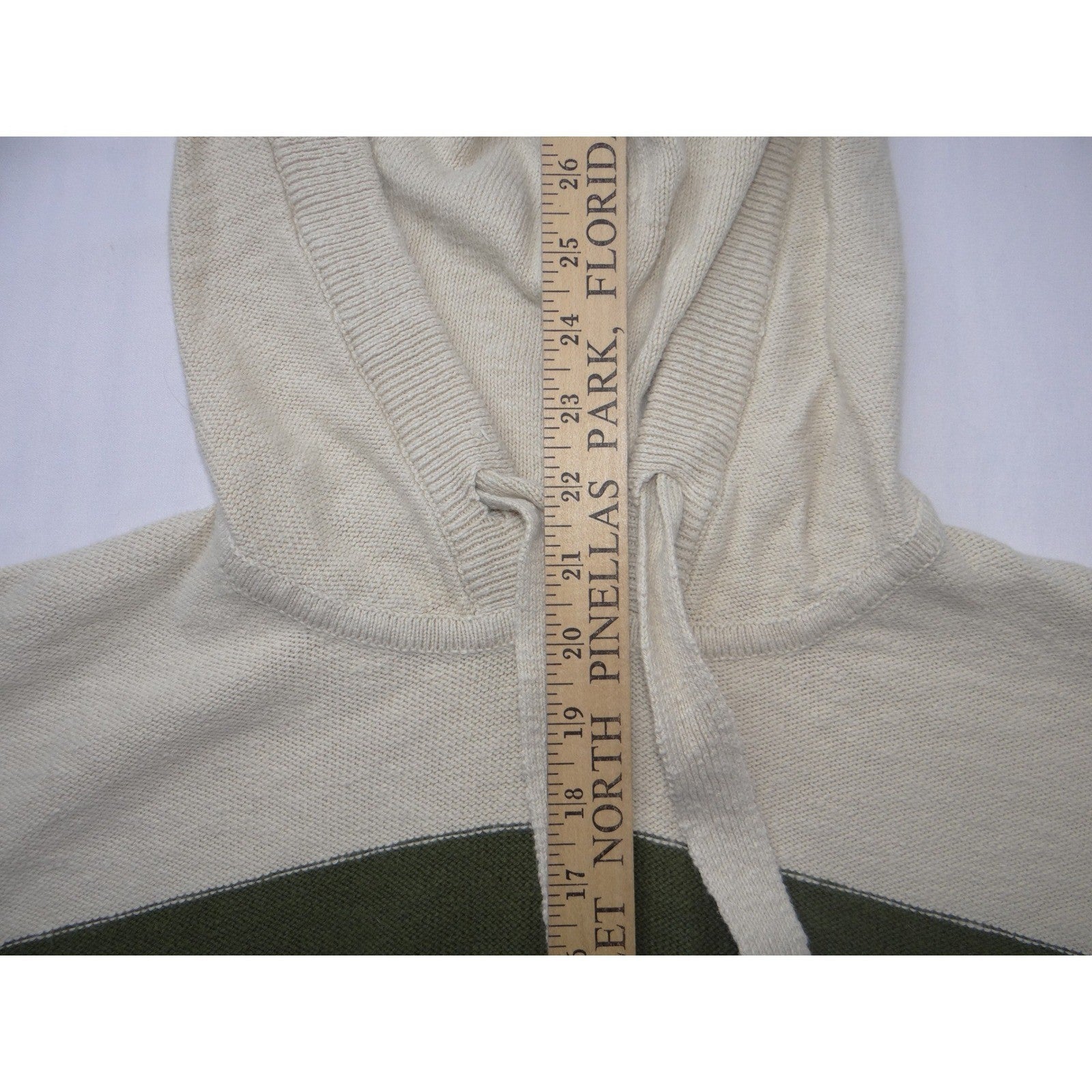 Madewell Women XL Relaxed Knit Hoodie Cream Olive Green Striped Pullover Sweater