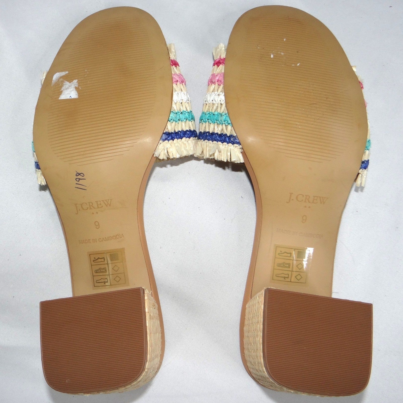 J.Crew Womens Multi Color Raffia Striped Fringed Block Heel Sandals 9