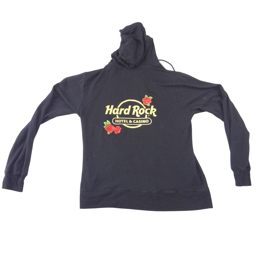 Hard Rock Tulsa Zip Up Hoodie Womens Large Black Gold Foil Rose Sequin